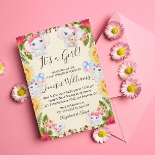 it's a girl,baby shower elephants and flowers chic invitation