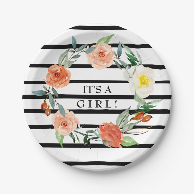 Its a Girl Baby Shower Floral & Stripes Plate (Front)