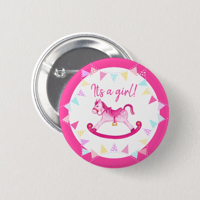 It's a girl baby shower gender reveal hobby horse 6 cm round badge (Front & Back)