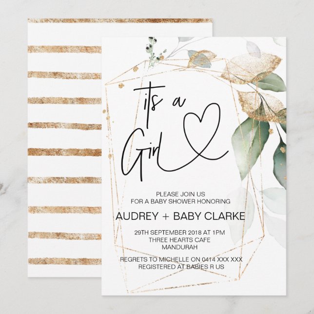 It's a Girl Baby Shower Party Green Eucalyptus Invitation (Front/Back)