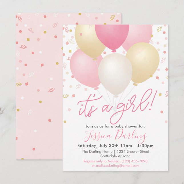 It's a Girl Baby Shower Pink Balloons and Confetti Invitation (Front/Back)
