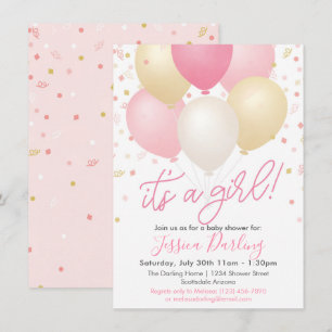 It's a Girl Baby Shower Pink Balloons and Confetti Invitation