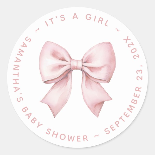 It's a Girl Baby Shower Pink Bow Classic Round Sticker (Front)