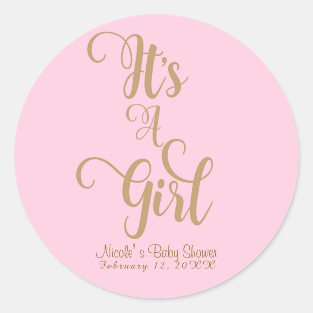 It's A Girl Baby Shower Pink & Gold Custom Favour Classic Round Sticker (Front)