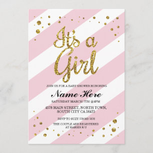It's a Girl Baby Shower Pink Stripe Gold Invite