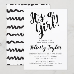 Its A Girl Baby Shower Typography Black White Invitation