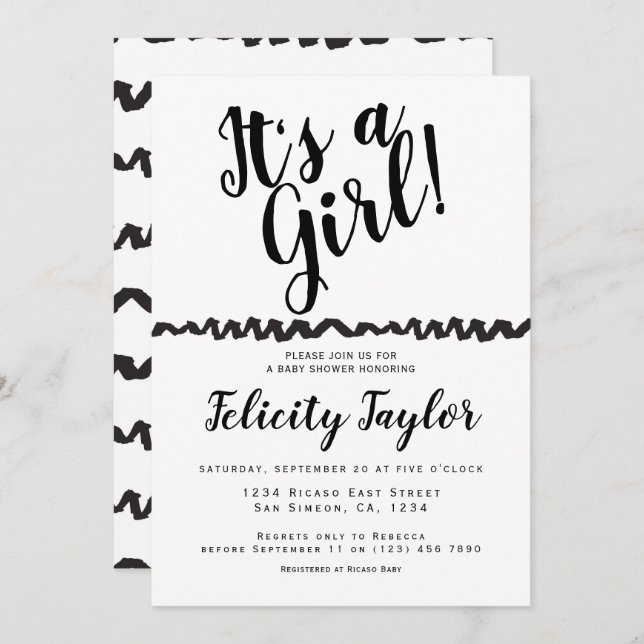 Its A Girl Baby Shower Typography Black White Invitation (Front/Back)