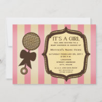 It's A Girl Baby Shower Vintage Rattle Pink Stripe