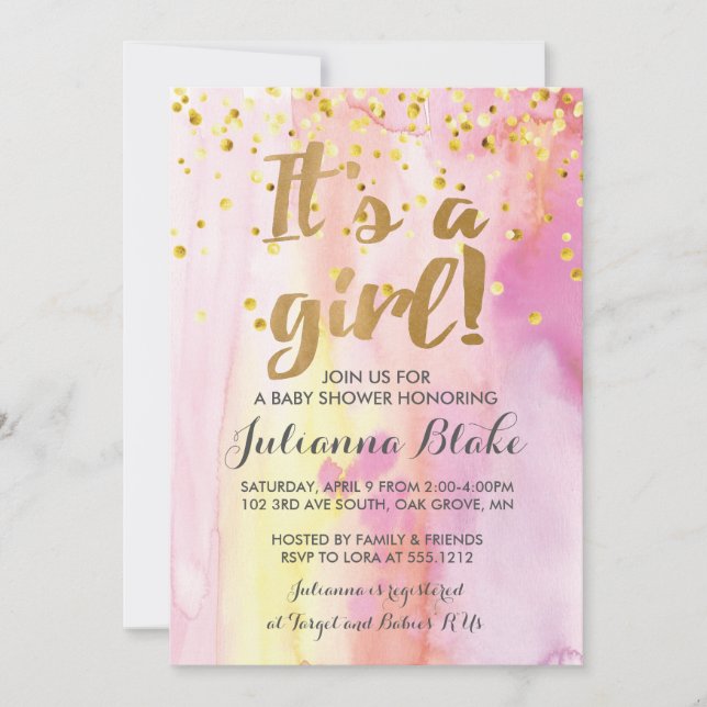 It's a Girl Baby Shower Watercolor Invitation (Front)
