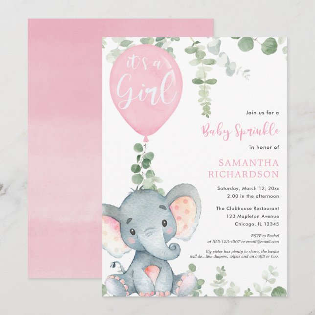 It's a girl baby sprinkle pink elephant balloon invitation (Front/Back)