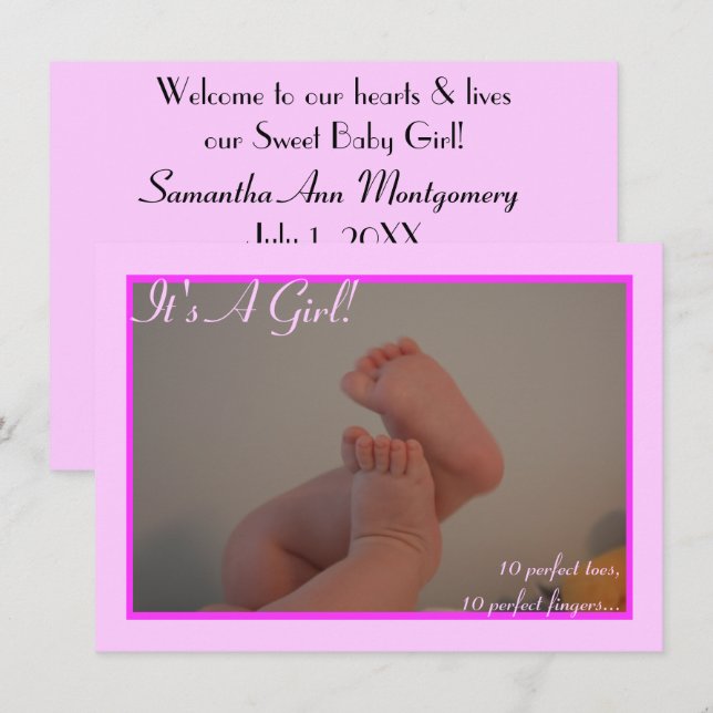 It's a Girl Baby Toes Photo Announcement Cards (Front/Back)