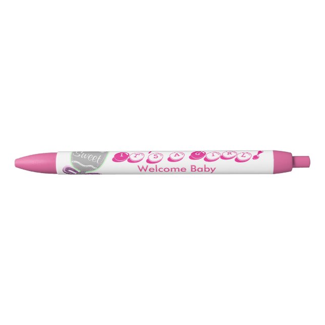It's A Girl Baby Welcome Baby Pink Announcement Black Ink Pen (Front)