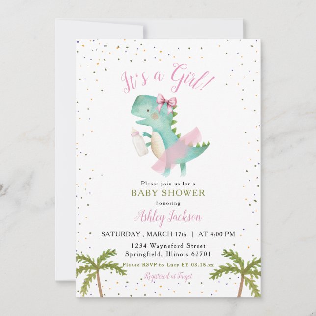 It's a Girl Ballerina Dinosaur Baby Shower Invitation (Front)