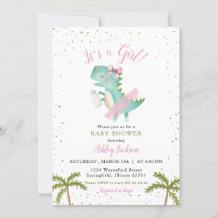 It's a Girl Ballerina Dinosaur Baby Shower Invitation