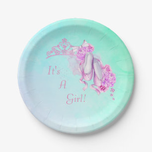 It's A Girl Ballet Princess in Pink Watercolors Paper Plate