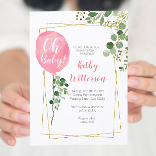 It's a girl Ballon Greenery oh baby shower Invitation