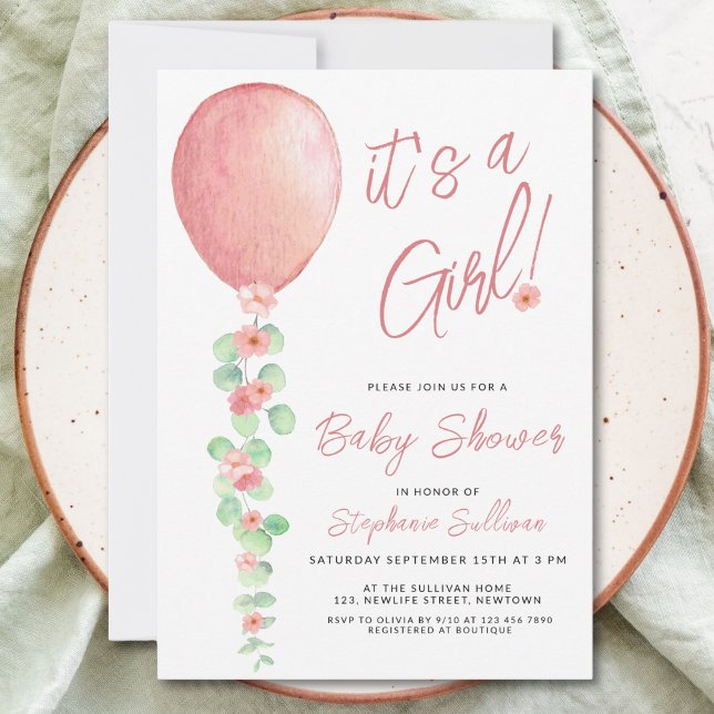 Its A Girl Balloon Eucalyptus Baby Shower Invitation (Creator Uploaded)