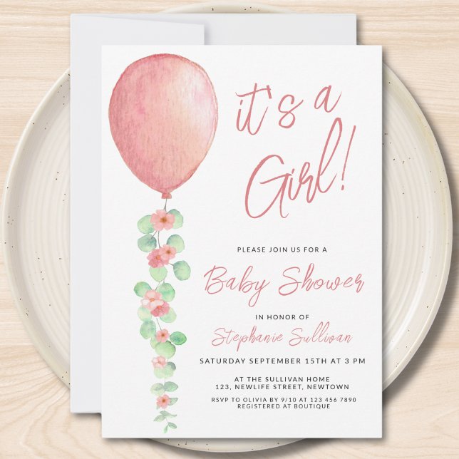 Its A Girl Balloon Eucalyptus Greenery Baby Shower Invitation (Creator Uploaded)