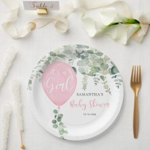 It's a girl balloon girl baby shower greenery paper plate