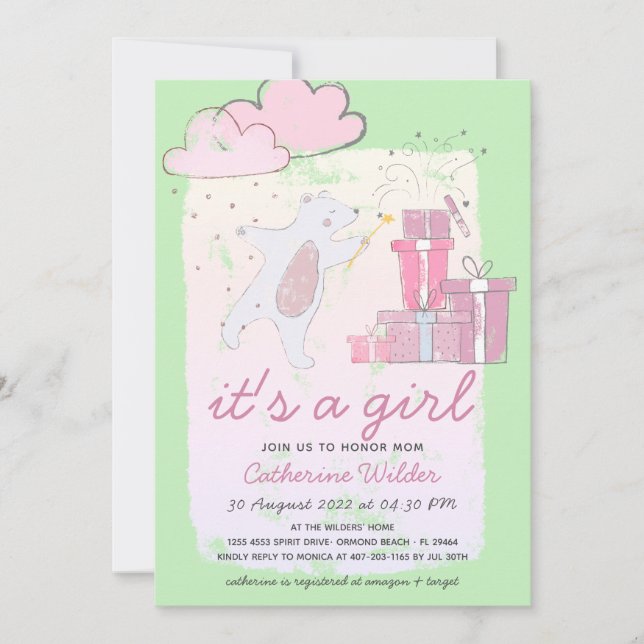 It's a Girl Bear Newborn Girl Baby Shower Invitation (Front)