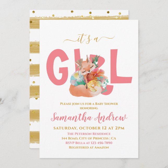 It's a Girl Beautiful Sleepy Fox Baby Shower  Invi Invitation (Front/Back)