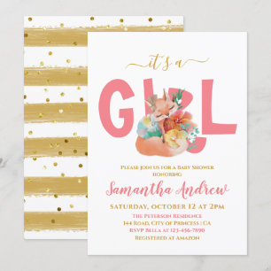 It's a Girl Beautiful Sleepy Fox Baby Shower Invi Invitation