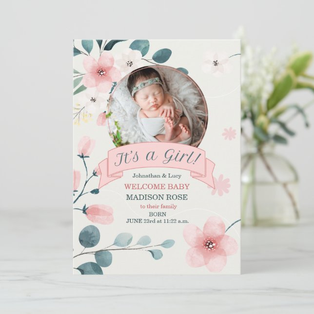 It's a Girl Birth Teal and Peach Blossoms Announcement (Standing Front)