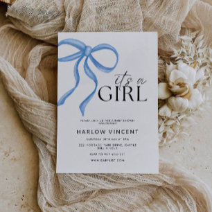 It's A Girl Blue Bow Baby Shower Invitation