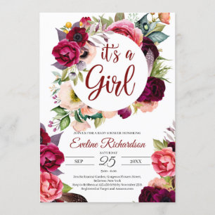 It's a girl blush burgundy and maroon floral baby invitation
