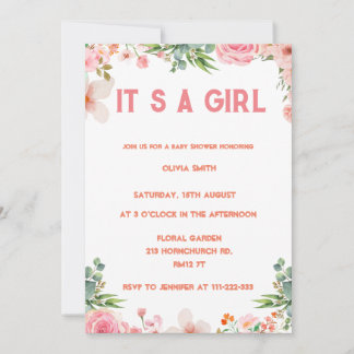  It's a girl  Blush floral gold watercolor Invitation