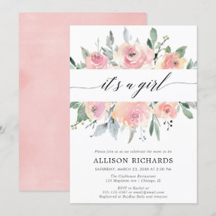 It's a girl blush greenery floral girl baby shower invitation
