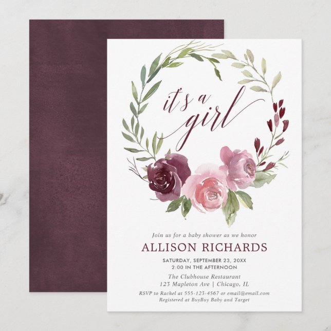 It's a girl blush pink burgundy floral baby shower invitation (Front/Back)