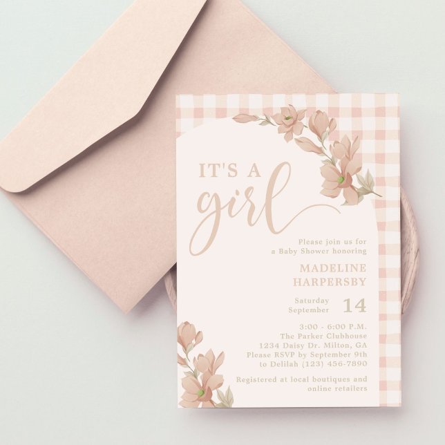 It's a Girl Blush Pink Floral Gingham Baby Shower Invitation (Creator Uploaded)