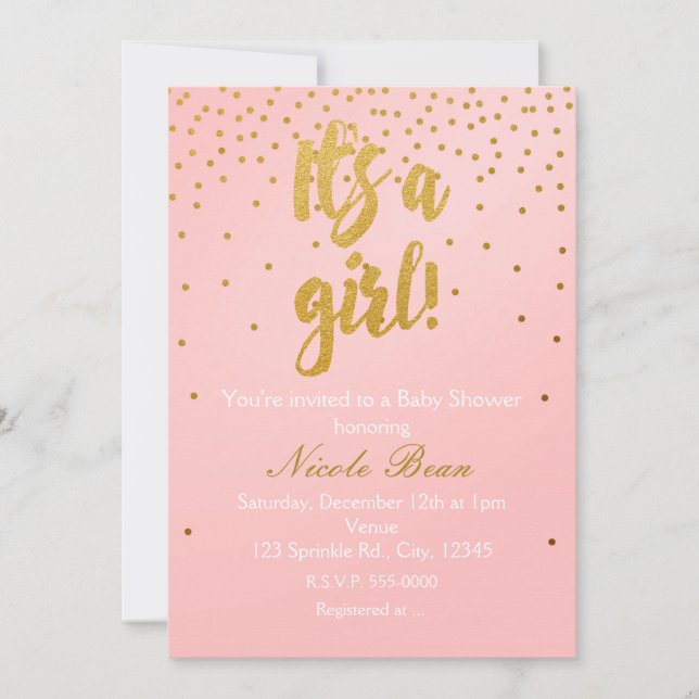 IT'S A GIRL Blush Pink & Gold Confetti Invitation (Front)