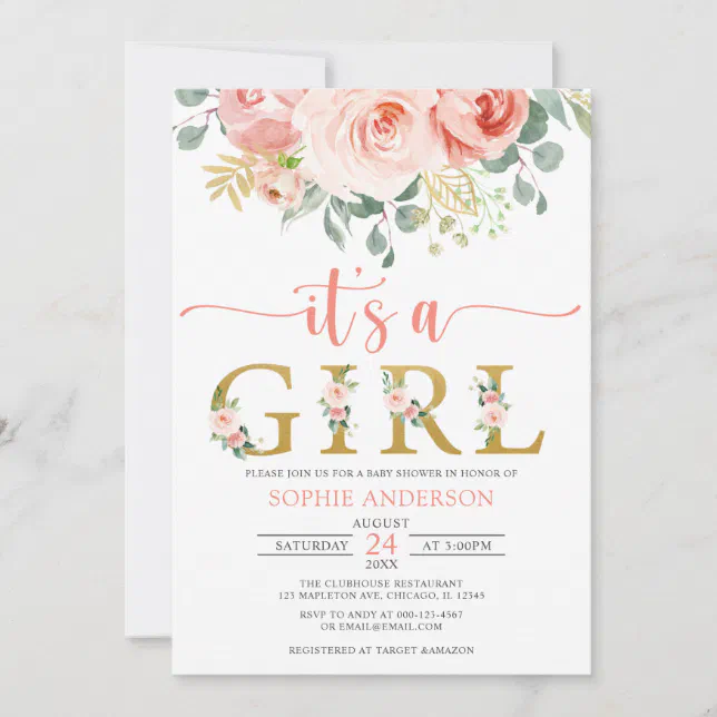 It's a Girl Blush Pink Gold Floral Baby Shower Invitation | Zazzle