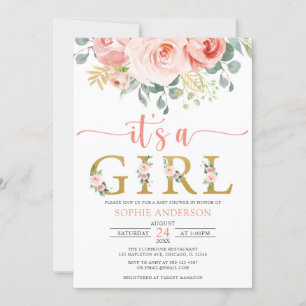 It's a Girl Blush Pink Gold Floral Baby Shower  Invitation
