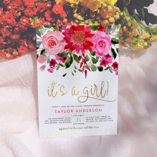 It's A Girl! Blush Pink & Red Floral Baby Shower Invitation
