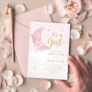 Its A Girl Boho Blush Pink Watercolor Baby Shower Invitation