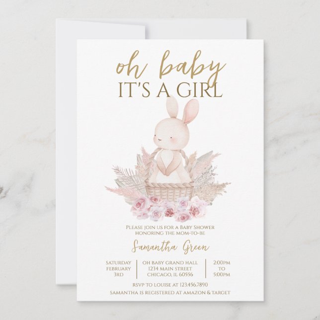 It's a Girl Boho Bunny Baby Shower Invitation (Front)