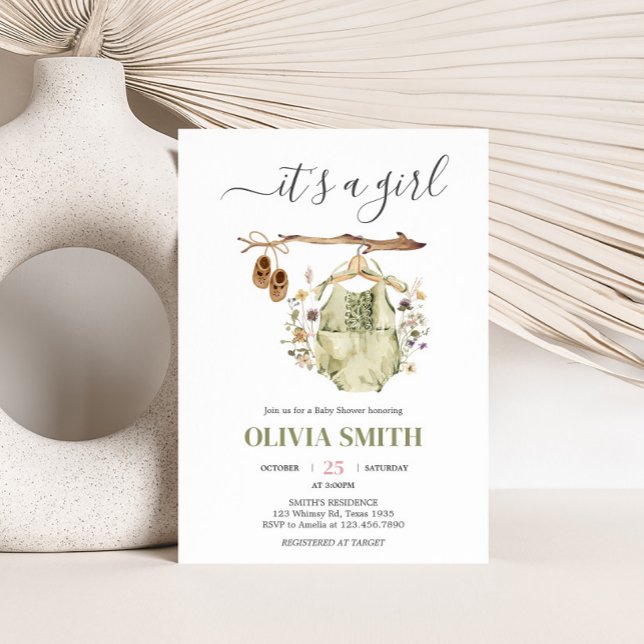 It's a Girl Boho Clothes Baby Shower Invitation (Greenery Boho Clothes Baby Shower Invitation)