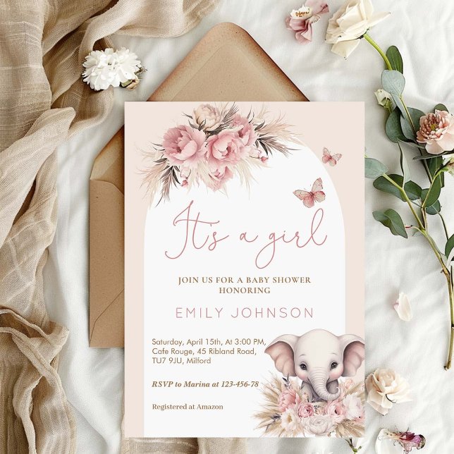 It's A Girl Boho Elephant Pink Baby Shower Invitation (Creator Uploaded)