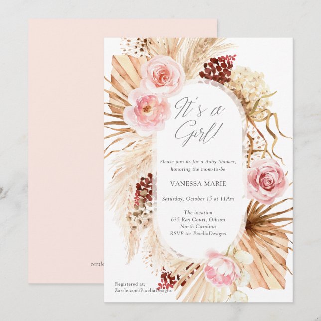 It's a Girl Boho Floral Pampas Grass Baby Shower Invitation (Front/Back)