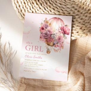 It's a Girl Boho Pink Floral Balloon Baby Shower Invitation