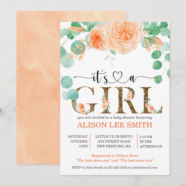 It's a girl Botanical teal and orange Baby Shower (Front/Back)