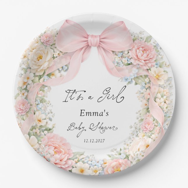 It's a Girl Bow Coquette Bow Baby Shower Paper Plate (Front)