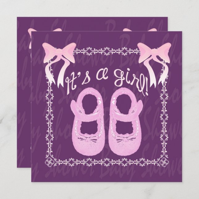 Its a girl Bow Shoes Purple Baby Shower Invite (Front/Back)
