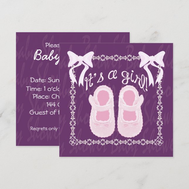 Its a girl Bow Shoes Purple Baby Shower Invite (Front/Back)