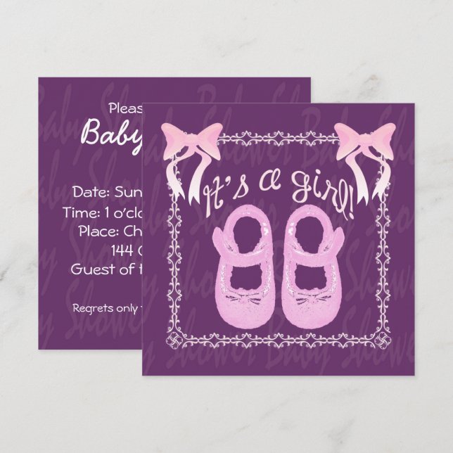Its a girl Bow Shoes Purple Baby Shower Invite (Front/Back)