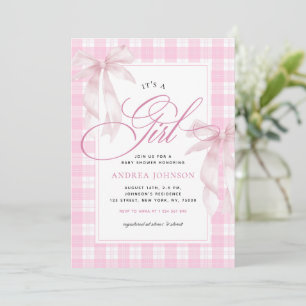 It's a Girl Bows & Pink Gingham Plaid Baby Shower Invitation