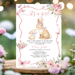It's a Girl Bunny Baby Shower Pink Floral Invitation